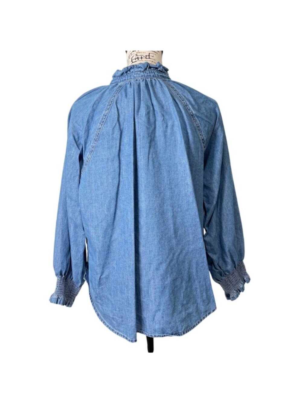 Veronica Beard Womens Size L Calisto Chambray Top Ruffle-Neck Button-Up Blue - Picture 3 of 9